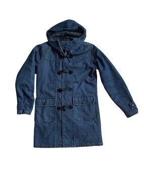 Vintage Denim Hooded Duffel Coat in Deep Blue Denim
